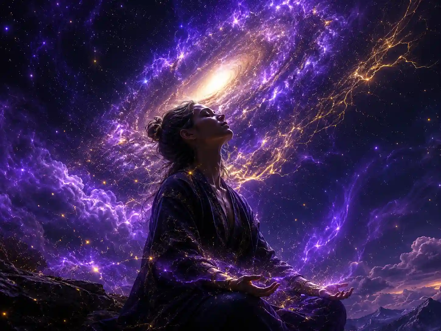 Persona en meditación contemplando el cosmos estelar