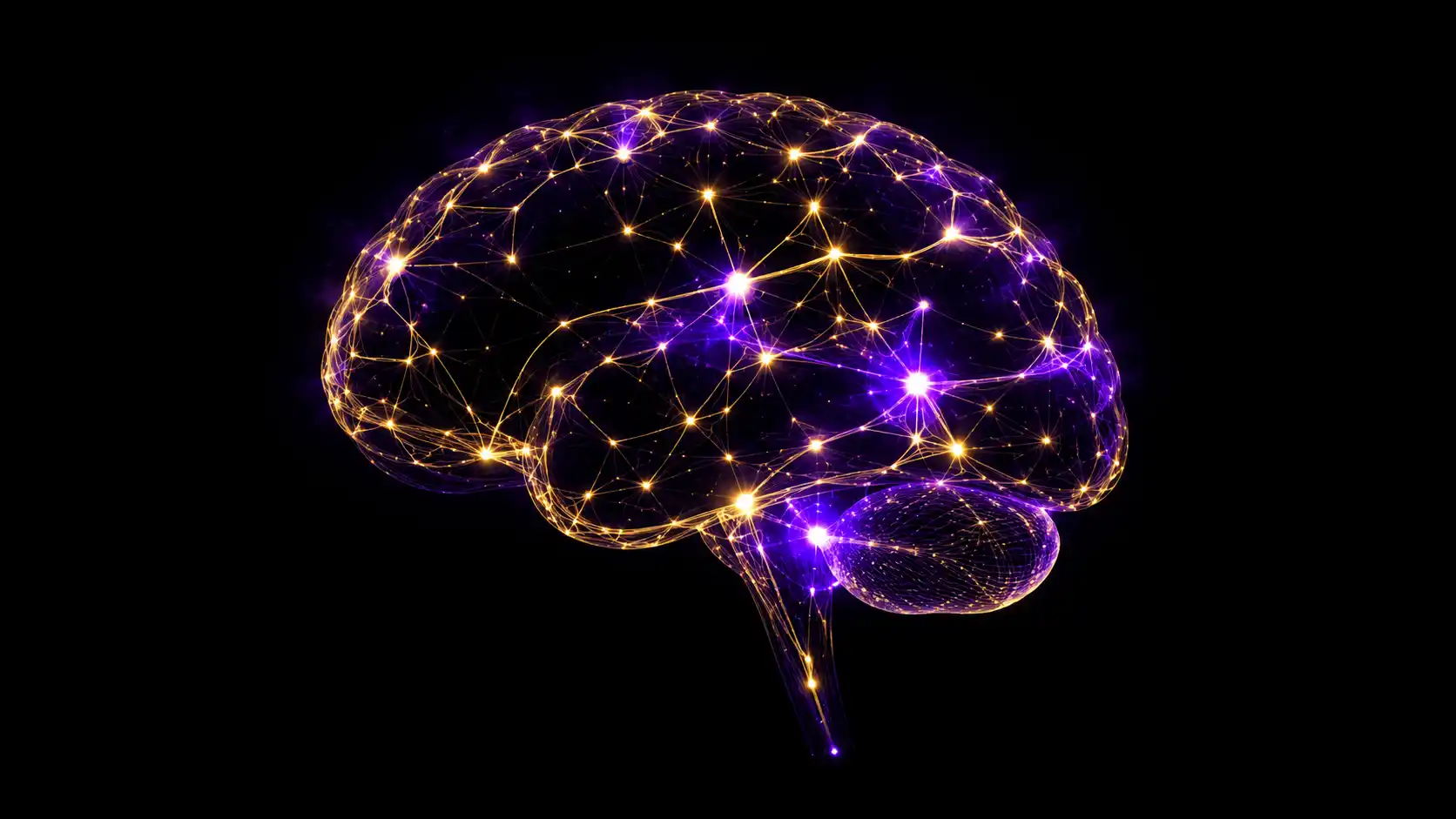 Visualización abstracta de redes neuronales brillantes en tonos violeta y oro